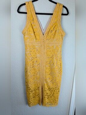 GUILD Midi Column Dress L Yellow Lace over Nude Lining Sleeveless Cotton Blend